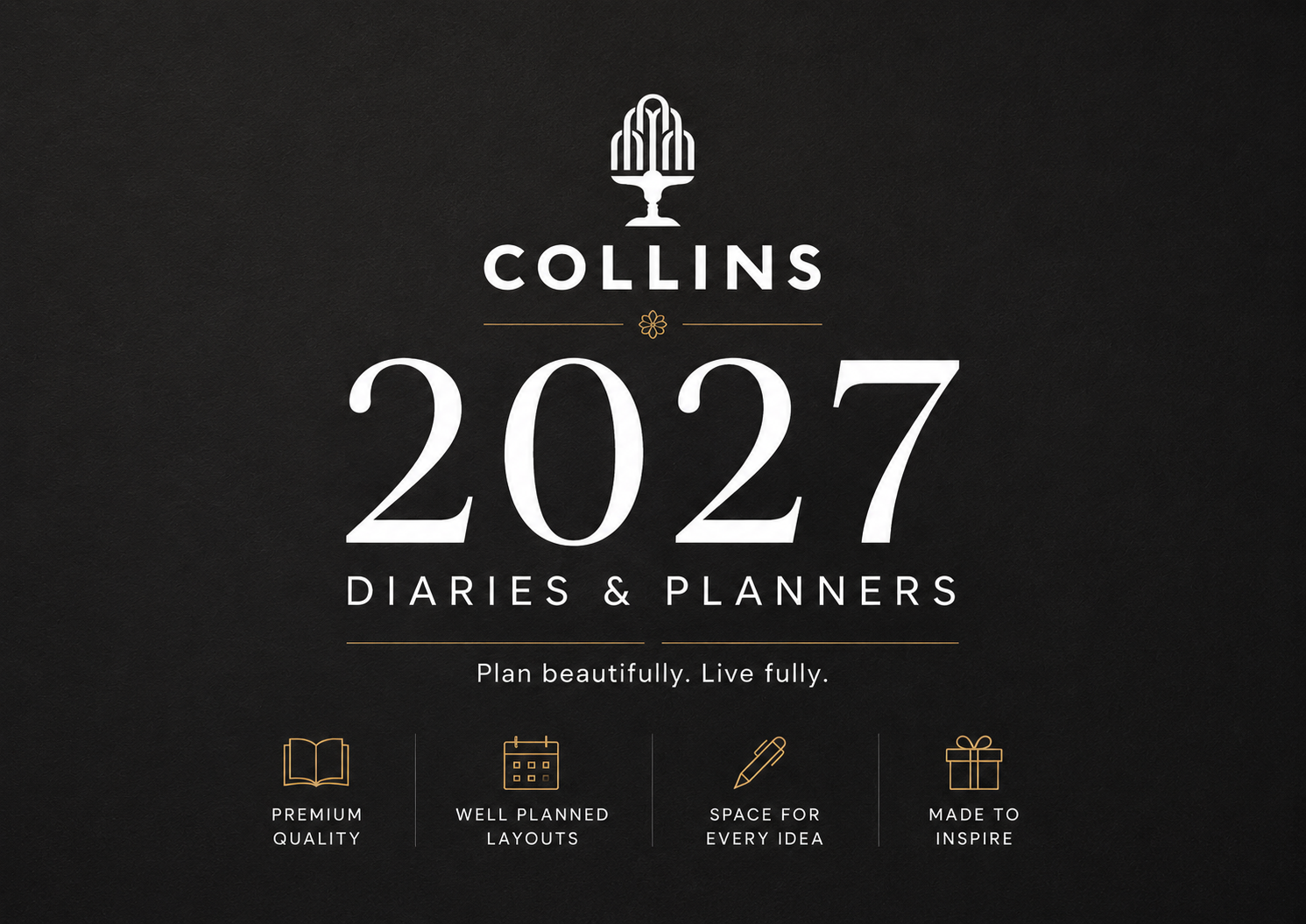 Collins 2027 Diaries & Planners cover design featuring white typography and gold icons on a dark textured background.