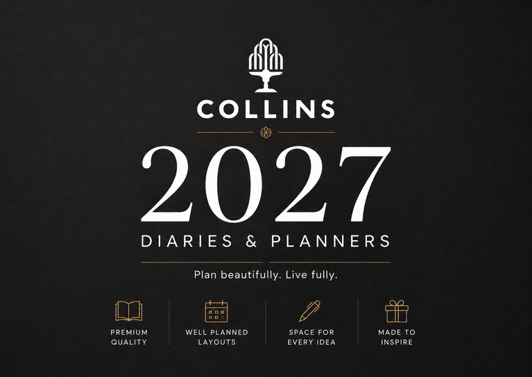 Collins 2027 Diaries & Planners cover design featuring white typography and gold icons on a dark textured background.