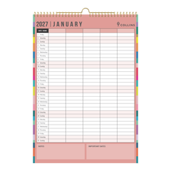 2027 Collins Family Wall Calendar A3 | 5-Column Monthly Home Planner