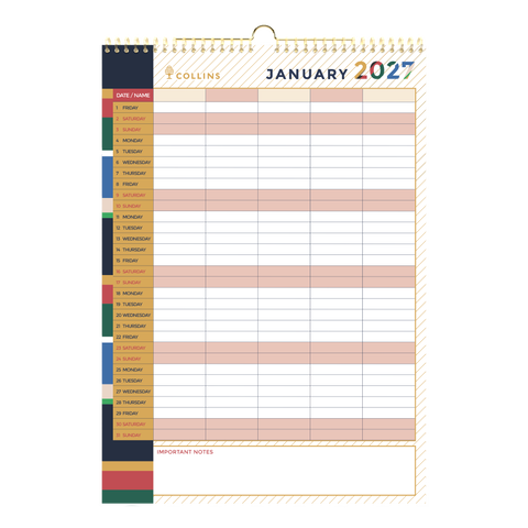2027 Collins Family Wall Calendar A3 | 5-Column Monthly Home Planner